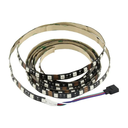 USB-powered flexible LED light strip, 1 metre long, with 50cm USB cable, showing multiple colour options including white and blue.