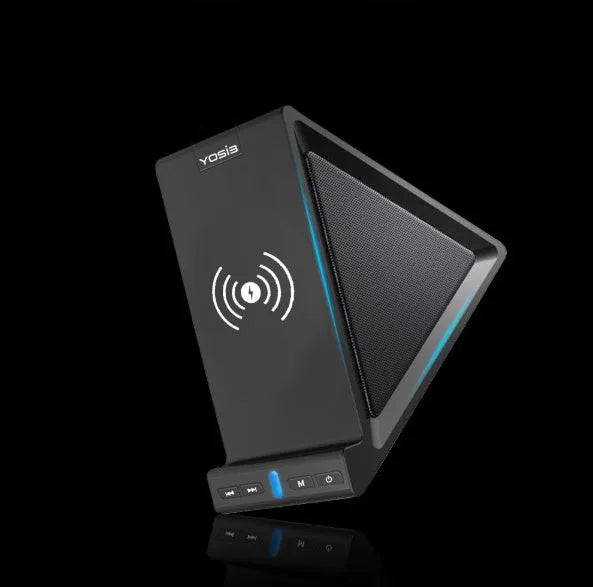 Black multifunctional device with Bluetooth speaker, phone stand, and wireless charging capabilities, dimensions 165x80x130mm