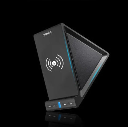 Black multifunctional device with Bluetooth speaker, phone stand, and wireless charging capabilities, dimensions 165x80x130mm