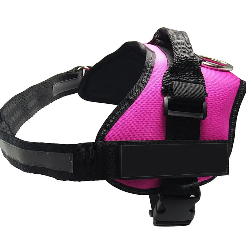 Adjustable reflective nylon dog harness vest with a sturdy handle and chest strap, shown on a size chart.
