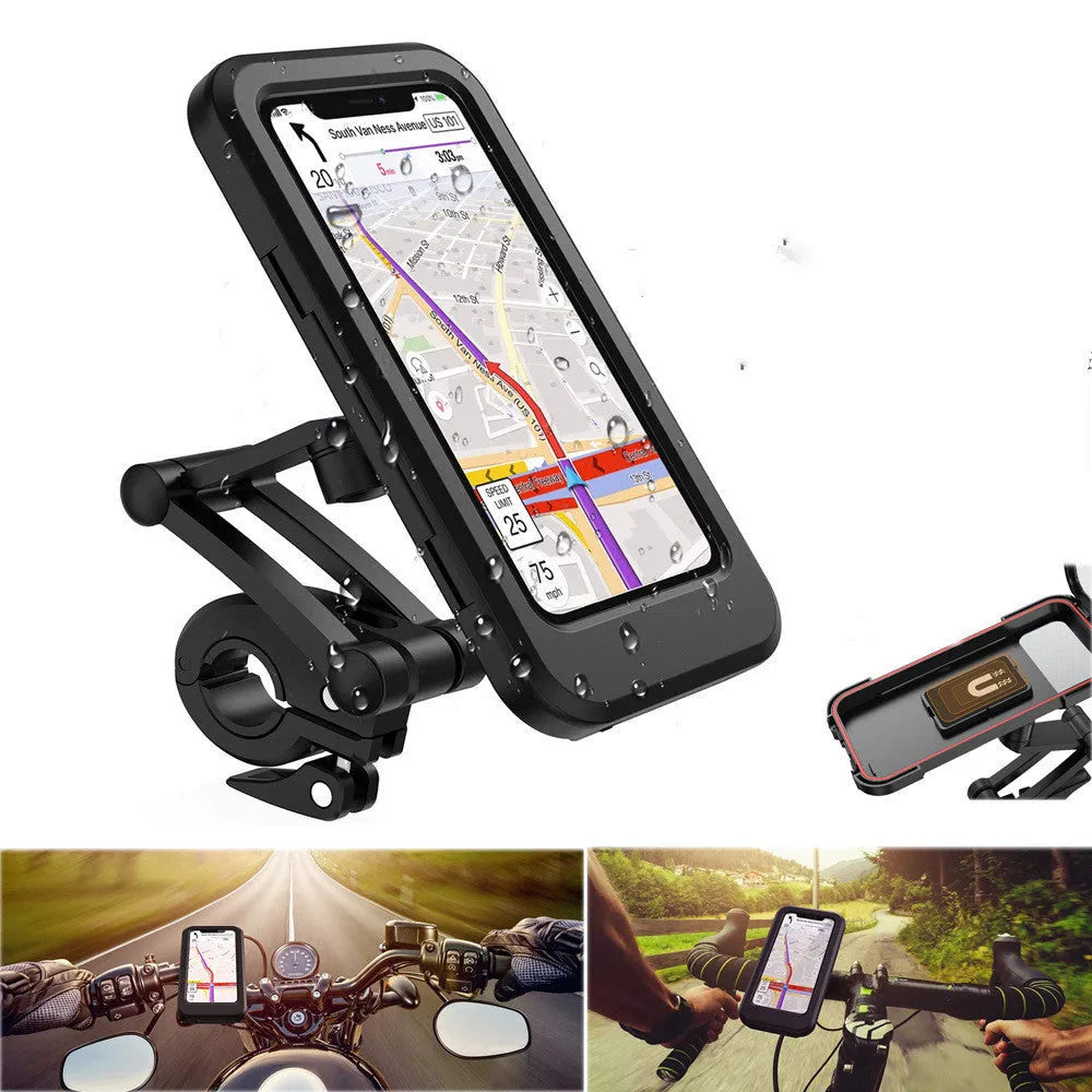 Black adjustable waterproof bicycle handlebar mount holding a mobile phone.