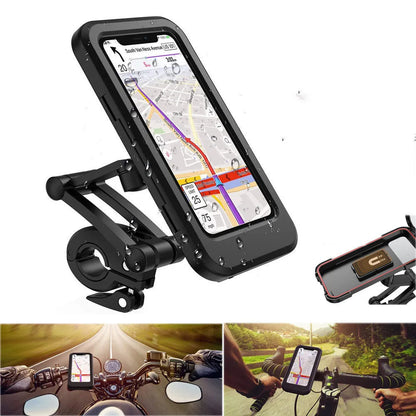 Black adjustable waterproof bicycle handlebar mount holding a mobile phone.