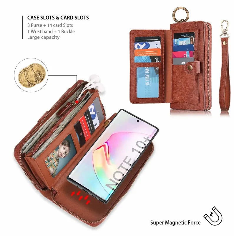 Black PU leather mobile phone wallet case with a zip closure, shown next to cards.