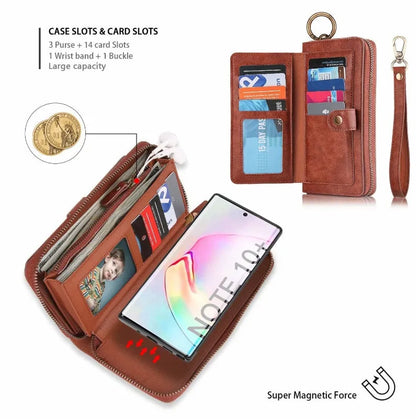 Black PU leather mobile phone wallet case with a zip closure, shown next to cards.