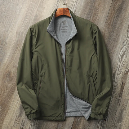 Men's stand collar casual jacket in polyester fibre with cotton lining, shown in available colours