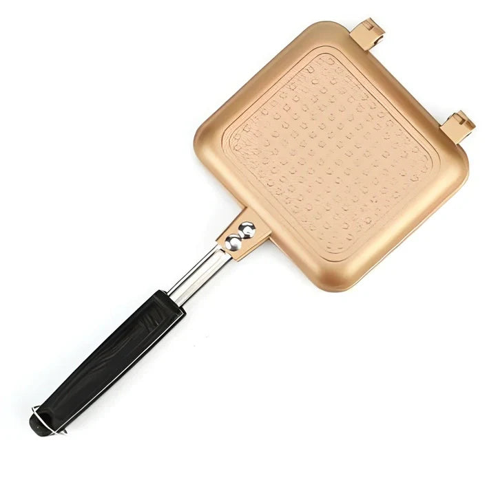 Black double-sided aluminium sandwich pan measuring 34cm with heat-proof handle for cooking