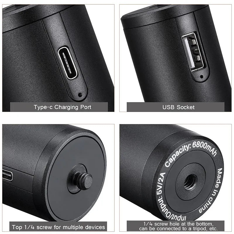 Black aluminium alloy power bank with a built-in carrying handle, shown with dimensions.
