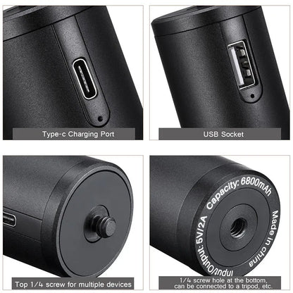 Black aluminium portable power bank with integrated carrying handle, showing compact size.