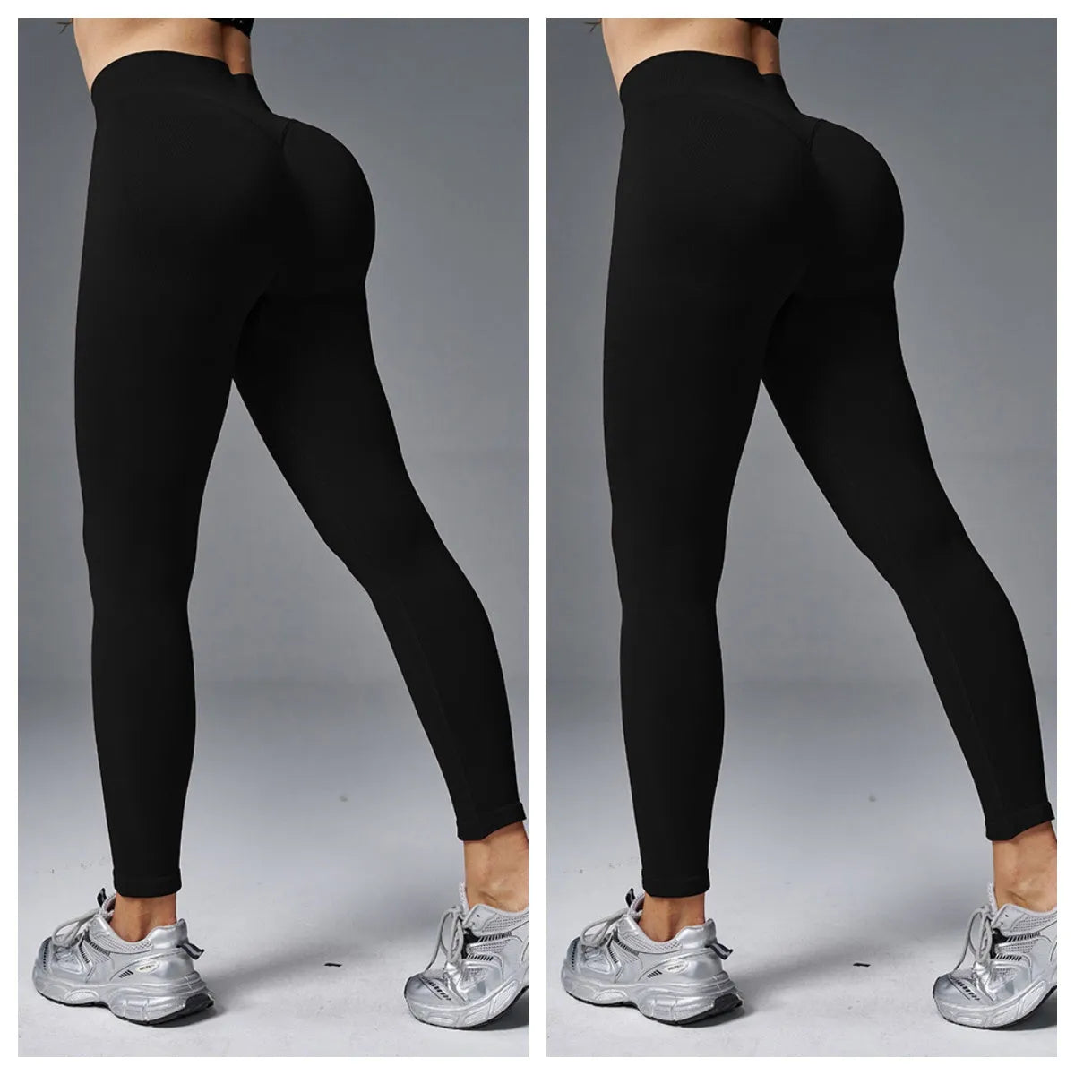 Woman wearing solid colour hip-tightening yoga pants in a fitness setting.