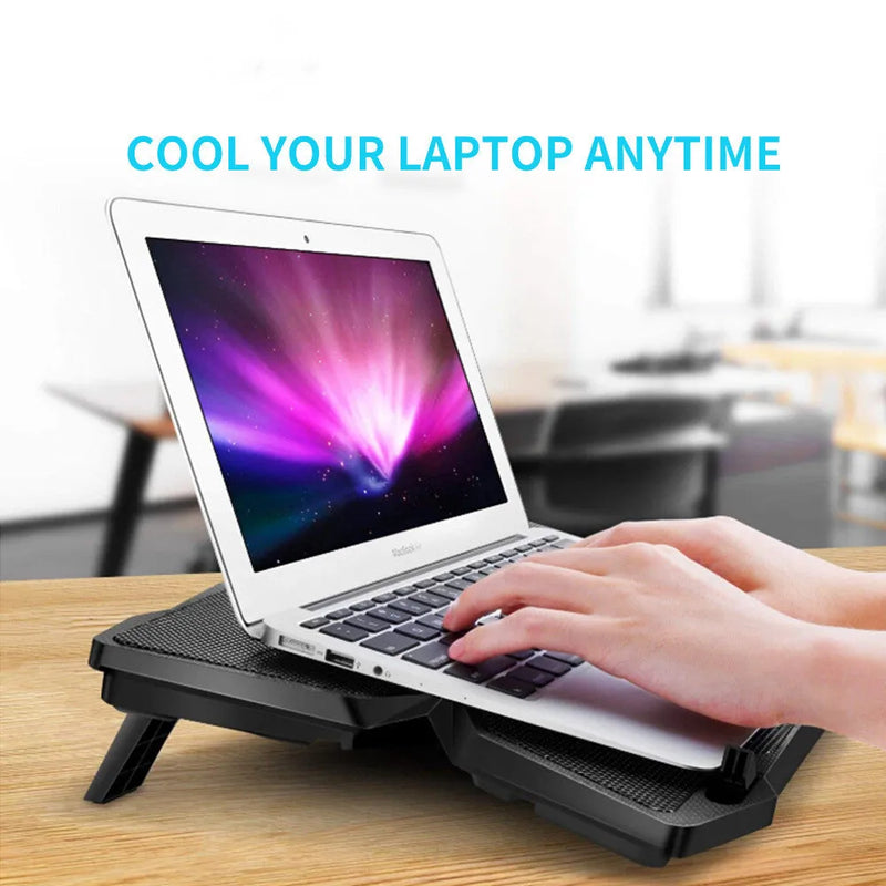 Computer exhaust fan cooling base with four configurable fans, air cooling mode, LED lighting and two USB ports available in blue or red colour options