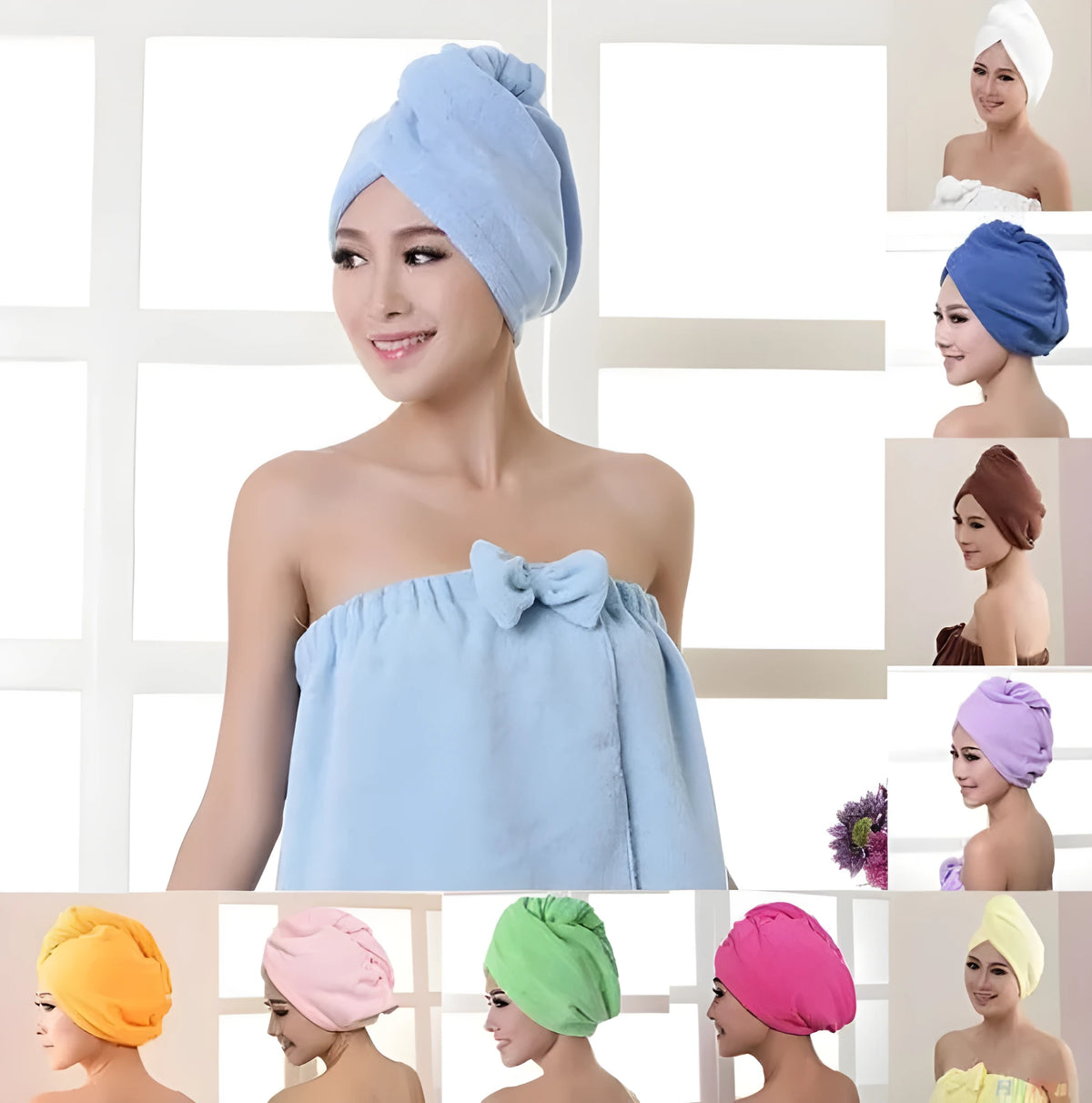 A woman wearing a sky blue microfiber hair dryer cap, with wet hair tucked inside, showing the towel's wrap-around design.