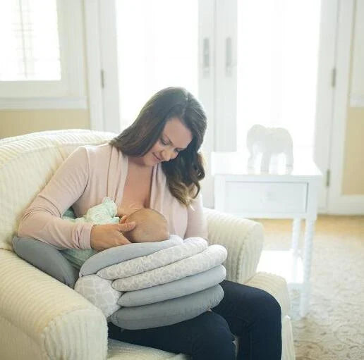 Adjustable breastfeeding pillow with soft, plush fill and rectangular shape for comfortable nursing