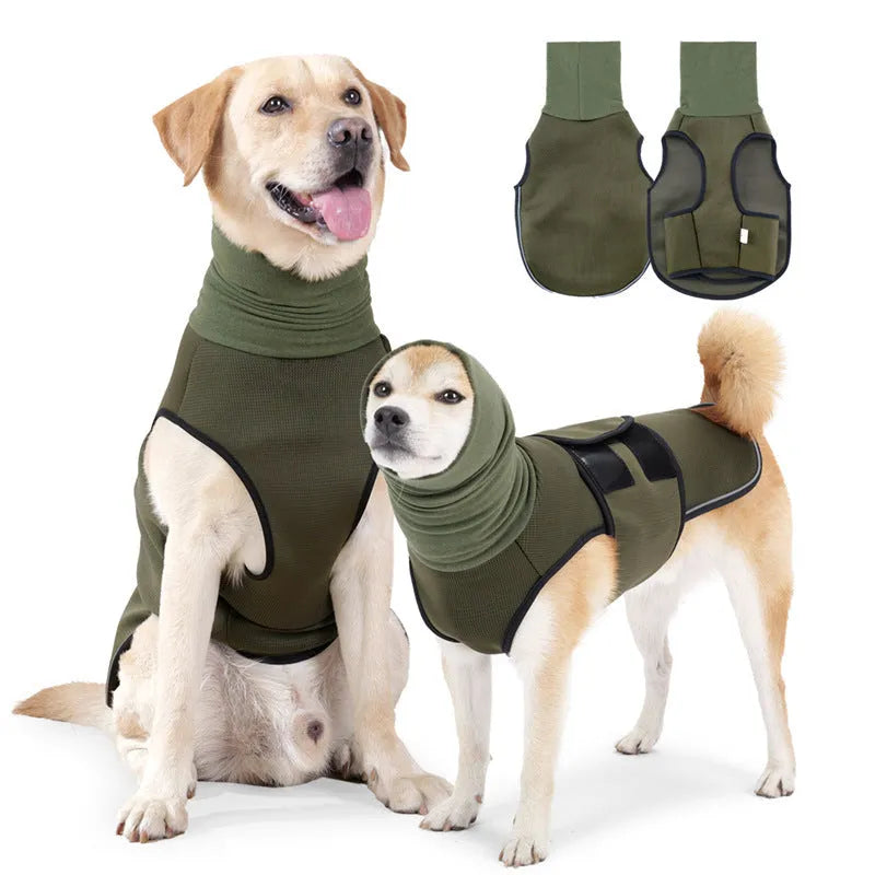 Polyester dog anti-anxiety jacket in army green colour showing mood soothing design for canine pets