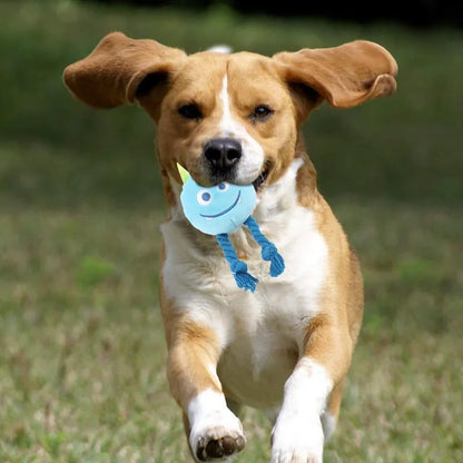 Blue and yellow cotton rope dog squeaky toy with knot design and PP cotton filling
