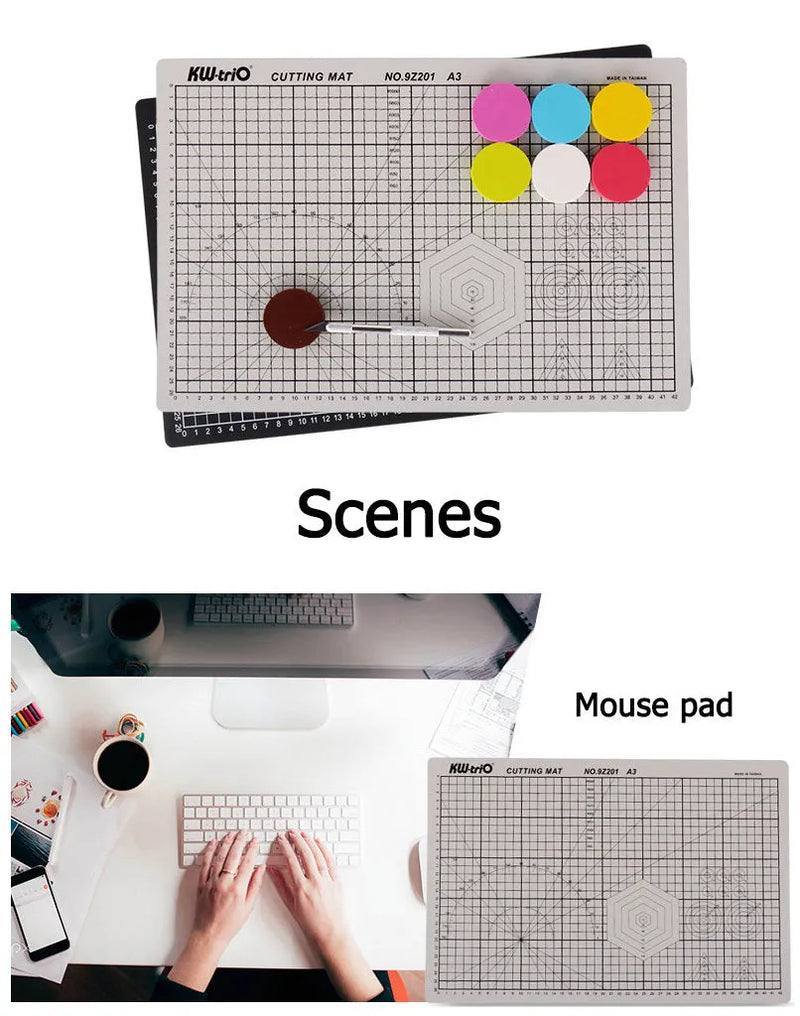 A3 cutting mat with self-healing surface and clear centimetre grid lines for precision knife work, drafting and desktop protection in green, black or grey