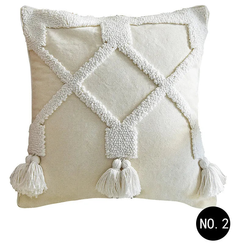 Nordic style tufted geometric throw pillow cover in cotton linen blend on a grey sofa