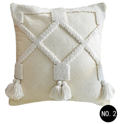 Nordic style tufted geometric throw pillow cover in cotton linen blend on a grey sofa