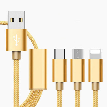 A 1.2 metre three-in-one charging cable showing Micro USB, Lightning, and USB-C connectors in a choice of colours.