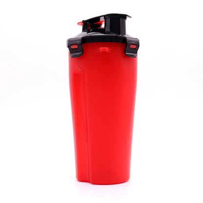 White portable pet water and food cup with separate compartments, shown with blue lid.