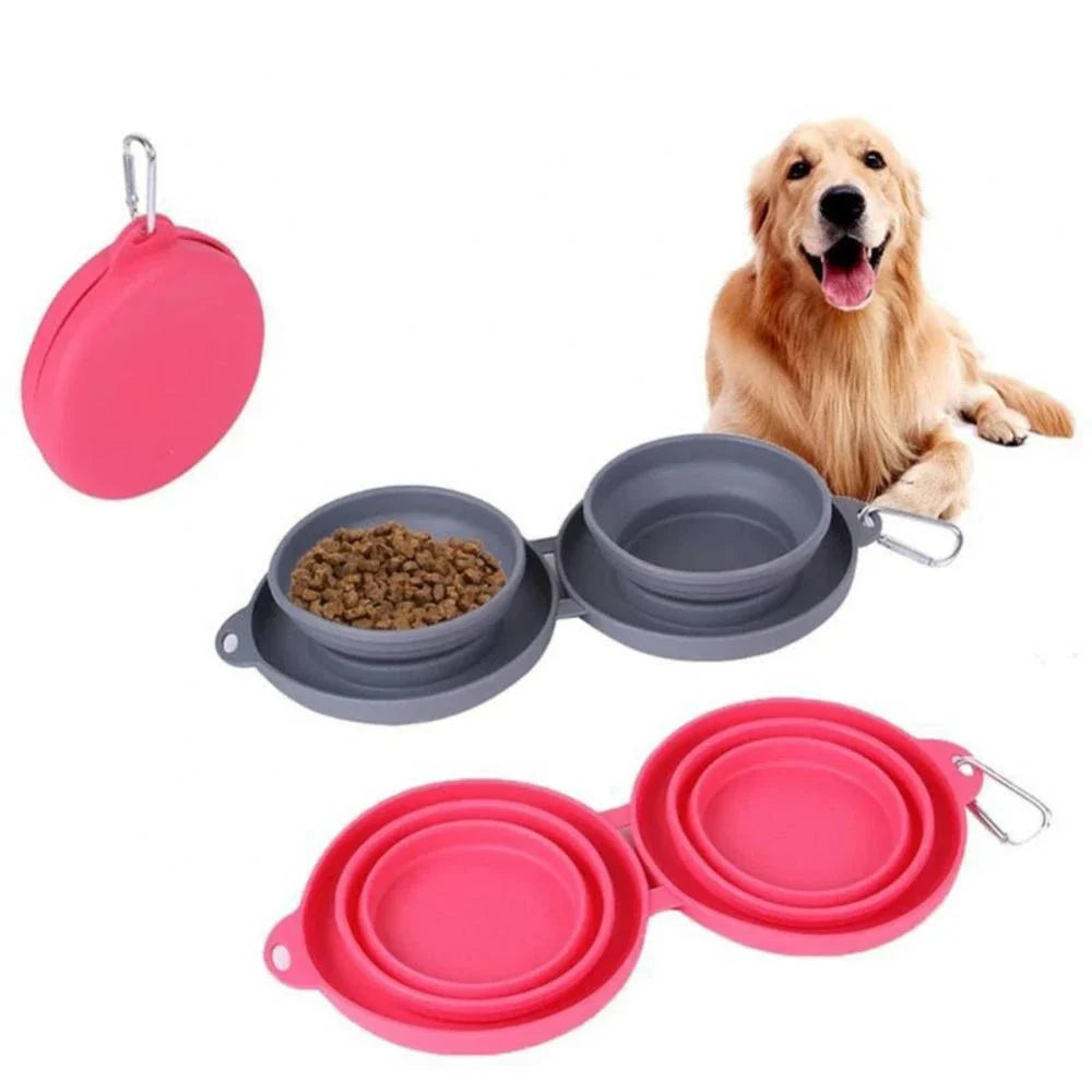 Spill-Proof Collapsible Pet Bowls for Dogs and Cats - Double-bowl Design with Non-Skid Silicone Mat