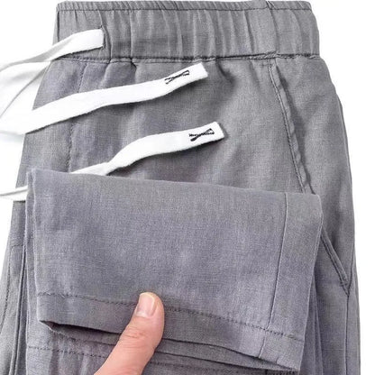 Pure linen Chinese-style straight-leg trousers with elastic drawstring waist in multiple colours