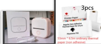 Compact Bluetooth-enabled thermal label printer in white, pink, and green colors with various label options
