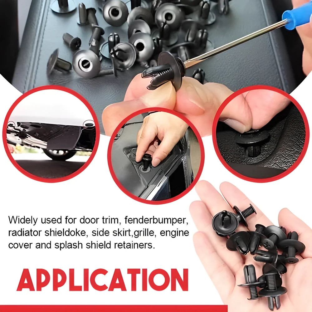 100 pack of versatile car wing screw fixers in various sizes for repairing and securing fenders, bumpers, and other car components