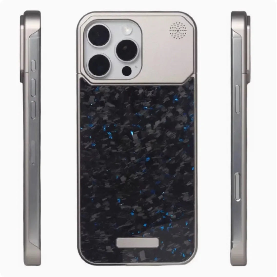 Frameless metal aromatherapy phone case with forged fiber pattern and magnetic charging for iPhone 15 Pro to 16 Pro Max