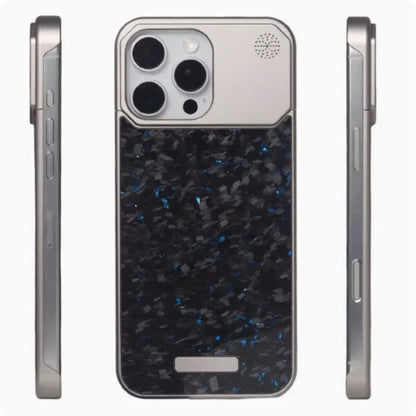 Frameless metal aromatherapy phone case with forged fiber pattern and magnetic charging for iPhone 15 Pro to 16 Pro Max