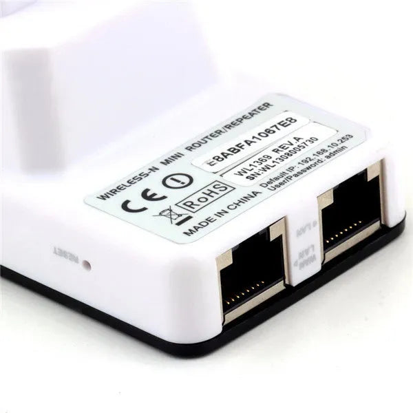Compact white 300Mbps Wireless-N mini router with two LAN ports and WPS button