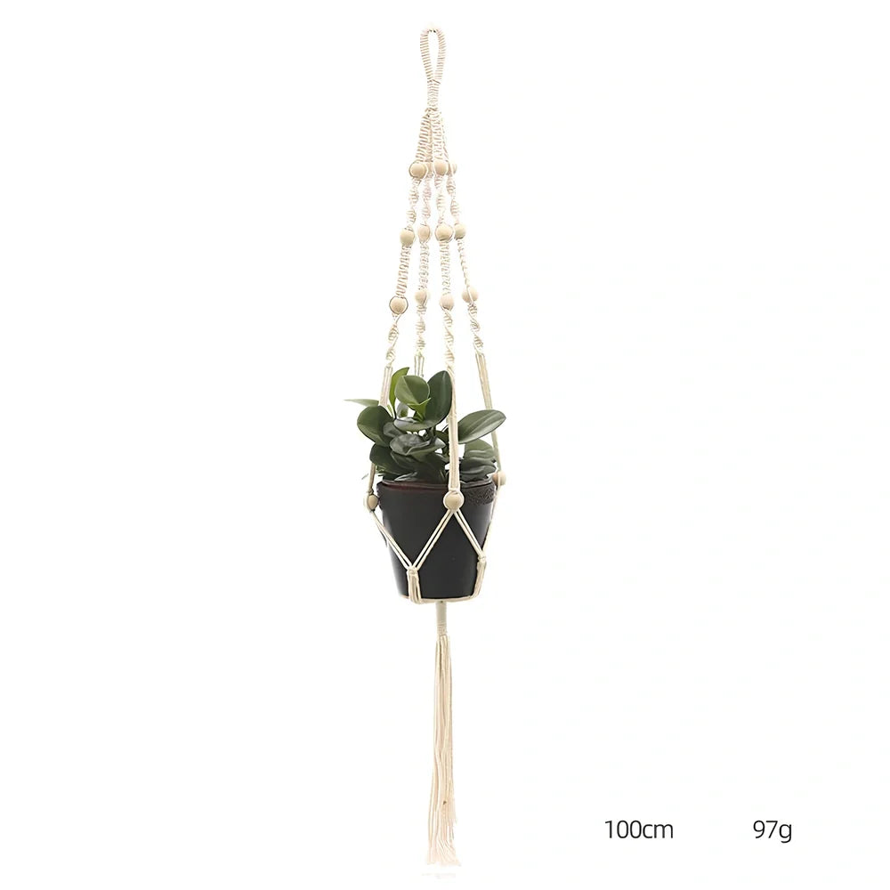Hand-knitted cotton flowerpot net bag showing intricate pattern and hanging installation with plant