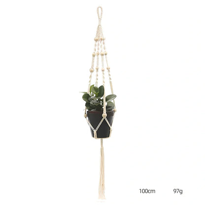 Hand-knitted cotton flowerpot net bag showing intricate pattern and hanging installation with plant