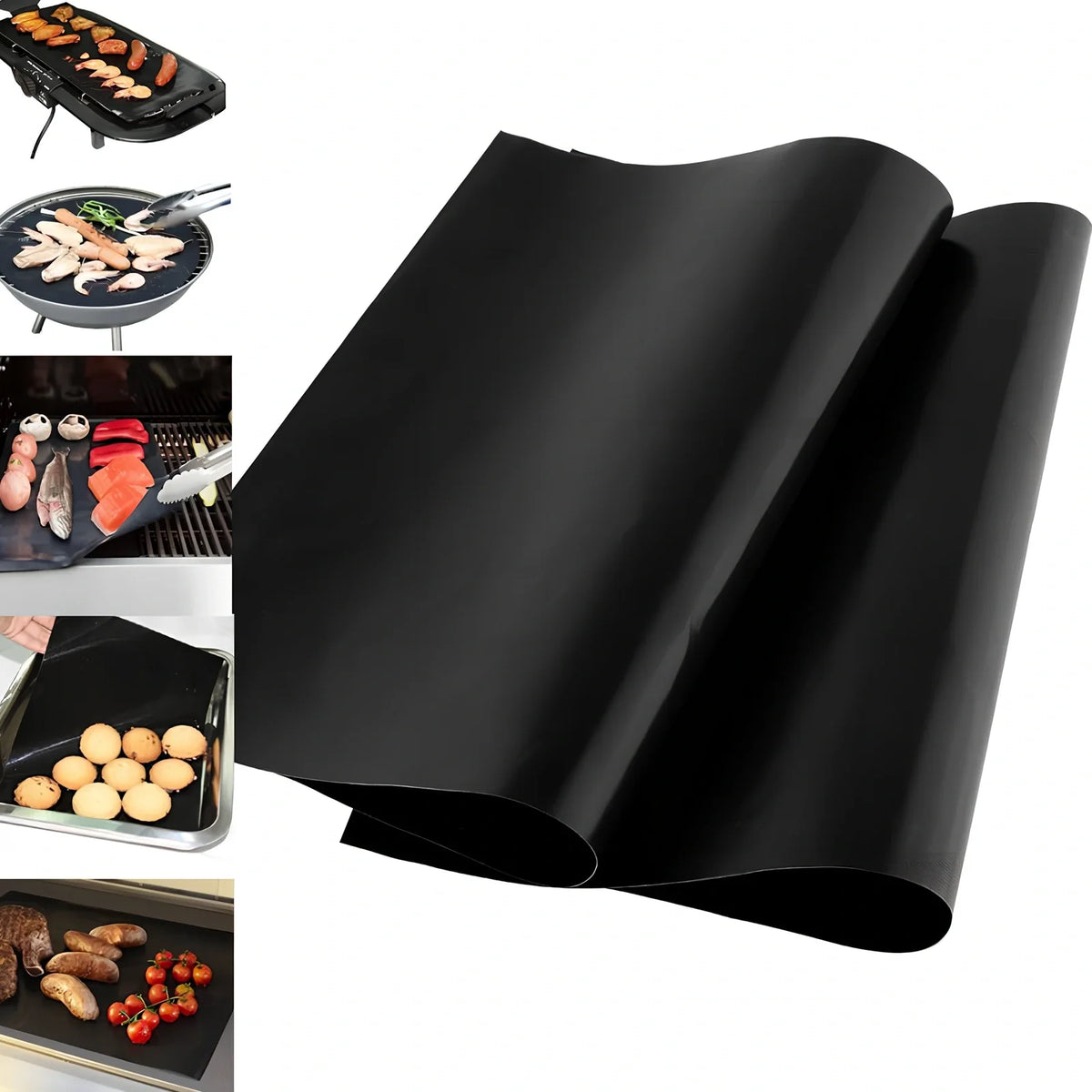 Black and yellow reusable BBQ grilling mat measuring 400x330mm with non-stick PTFE-coated surface
