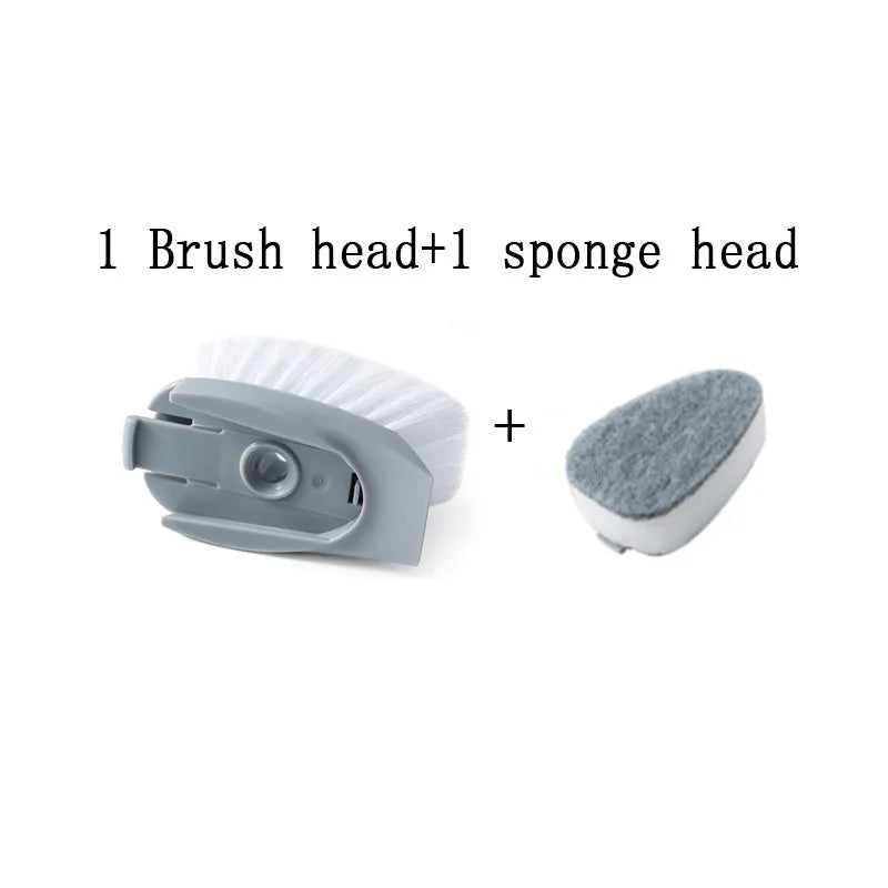 Long-handled 2-in-1 kitchen cleaning brush with removable brush head and integrated sponge