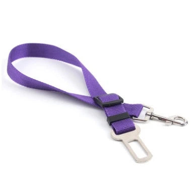 Adjustable dog seat belt with secure clip and buckle for attaching to pet harness and vehicle seatbelt