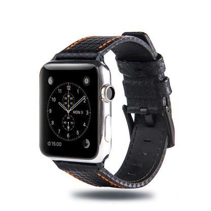 Leather Apple Watch strap with carbon fibre pattern case in red, black, orange, and blue colour options.