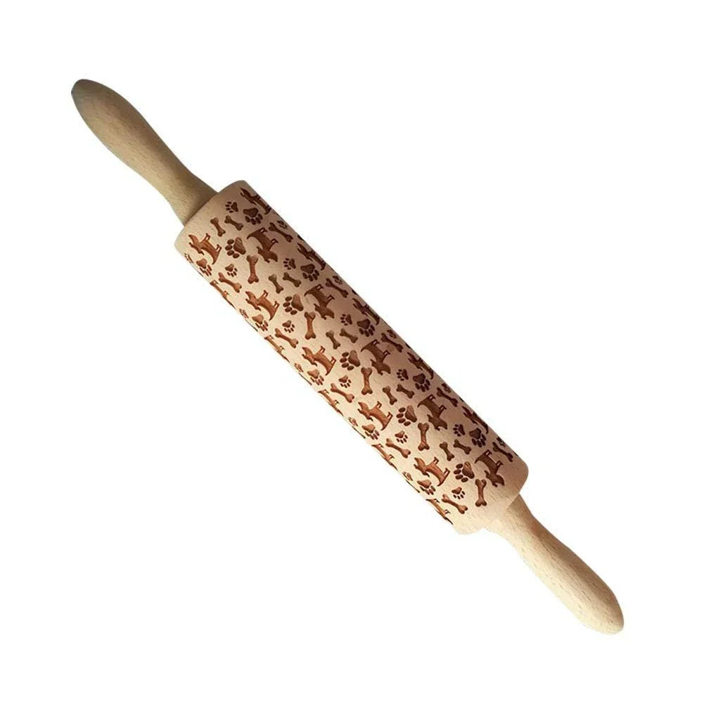 Festive rolling pin with embossed Christmas designs for easy imprinting on dough
