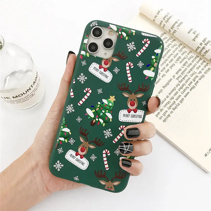 Green TPU iPhone case with Christmas elk and tree cartoon design for multiple iPhone models