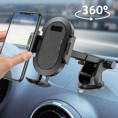 Auto lock car phone holder mounted on air vent, holding a mobile phone, in black grey colour
