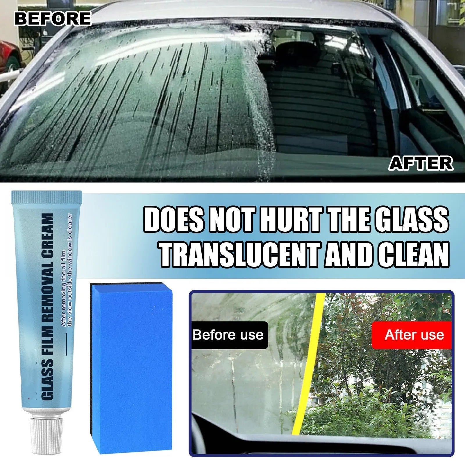 Blue car glass oil film remover stick with a soft sponge applicator for cleaning windscreens and windows.