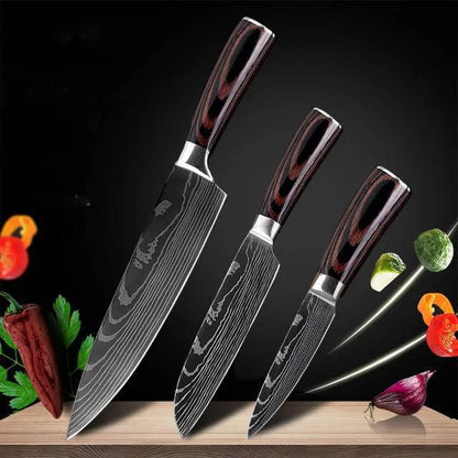7-inch chef knife with laser Damascus pattern on blade and coloured steel handle on a cutting board.