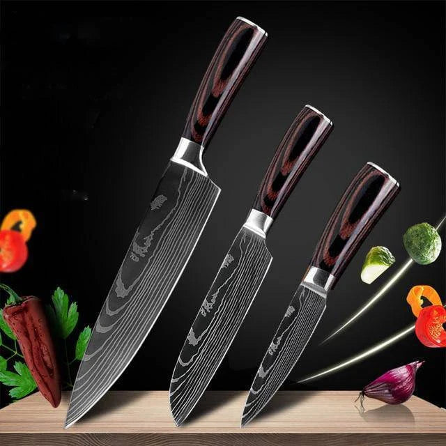 Premium chef knife set with high-performance stainless steel blades, featuring a striking Damascus pattern and ergonomic color-coated handles