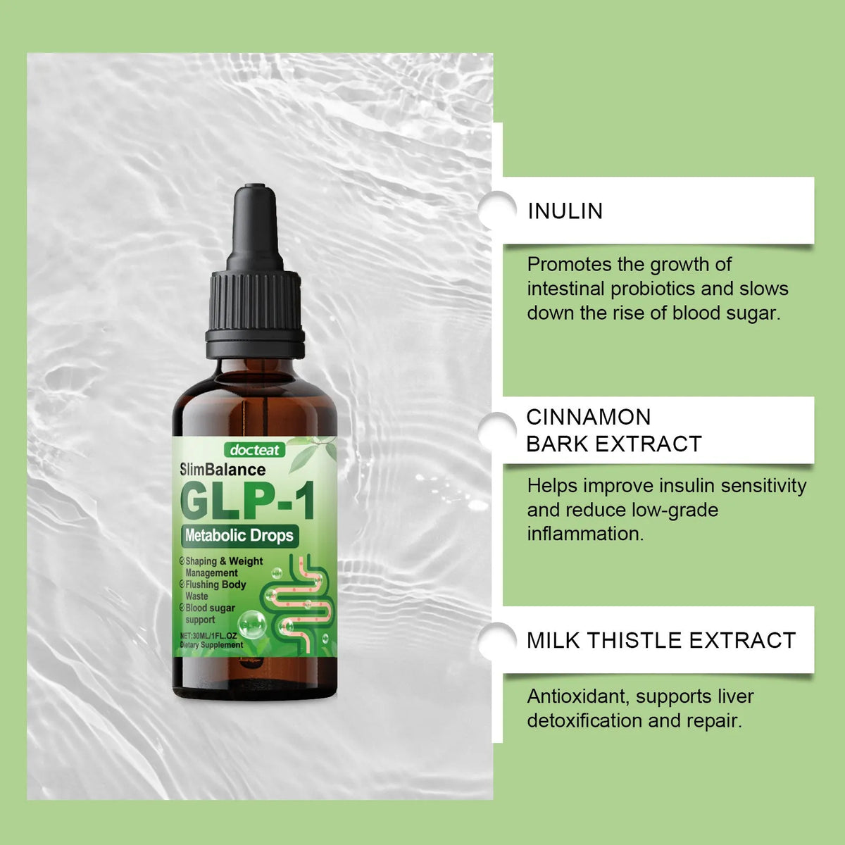 30ml bottle of Balanced Intestinal Dietary Supplements liquid with a dropper.