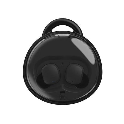 Macaron Red true wireless Bluetooth 5.0 headset with in-ear design showing battery display