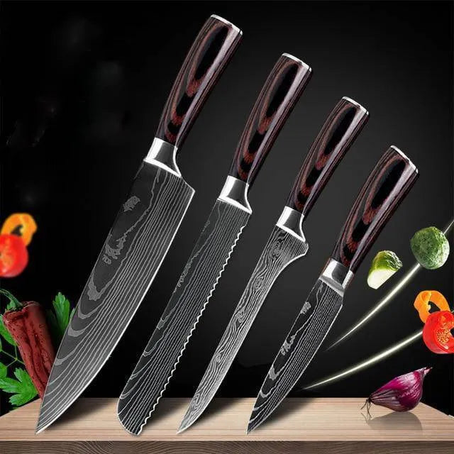 7-inch chef knife with laser Damascus pattern on blade and coloured steel handle on a cutting board.