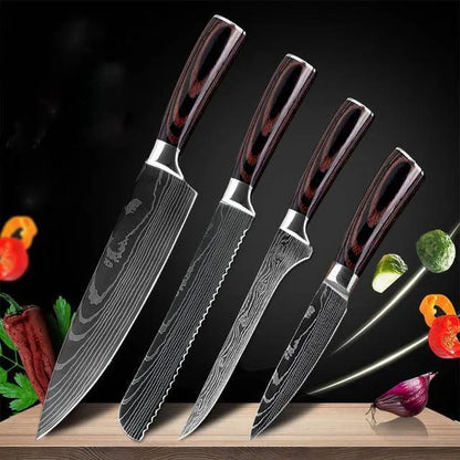 Professional chef knife with laser-etched Damascus pattern on 7Cr17 steel blade and coloured wood handle.