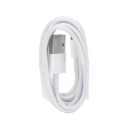 White USB travel charger with UK plug and a coiled Lightning cable for iPhone and iPad charging