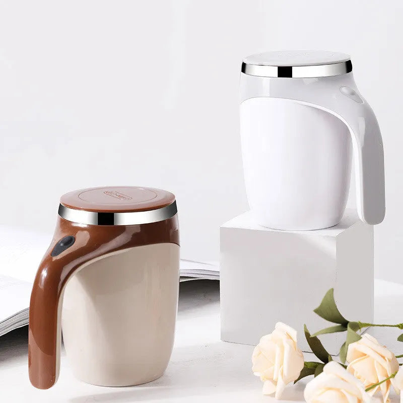 White automatic stirring coffee cup with magnetic mixing technology and modern design