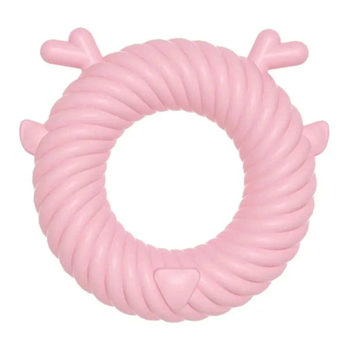 Deer-shaped dog chew toy with spiral grooves in light blue, pink, or green colours