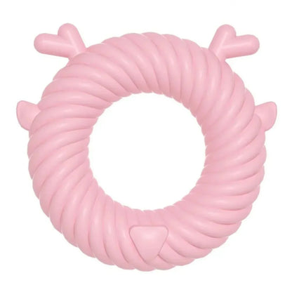 Deer-shaped dog chew toy with spiral grooves in light blue, pink, or green colours
